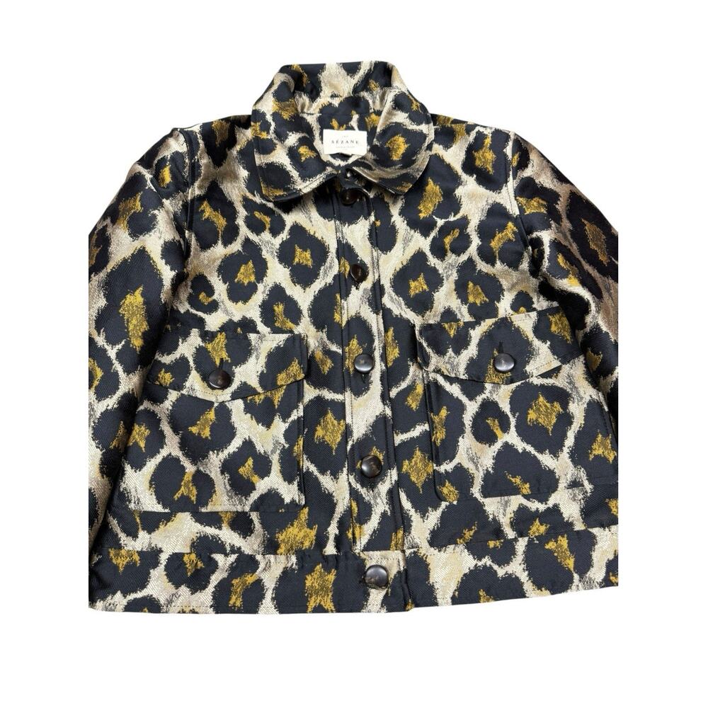 Sezane Terry Jacket 34 XS Leopard Jacquard Cropped Button Front - Picture 6 of 11